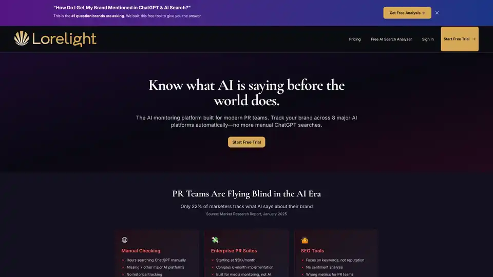 Lorelight is an AI monitoring platform designed for PR teams to track brand mentions across major AI platforms like ChatGPT, Claude, and Gemini, offering real-time insights and competitive intelligence.