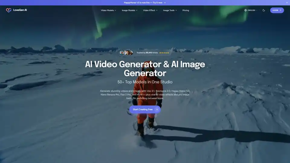 LoveGen AI is a unified platform featuring 50+ AI models for video and image generation. It offers tools like face swap, background removal, and viral video effects.