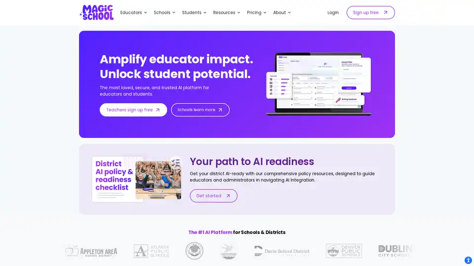 MagicSchool is a leading AI platform designed for educators, schools, and students. Trusted by over 6 million teachers, it offers 80+ AI tools to streamline teaching tasks, save time, and reduce burnout.