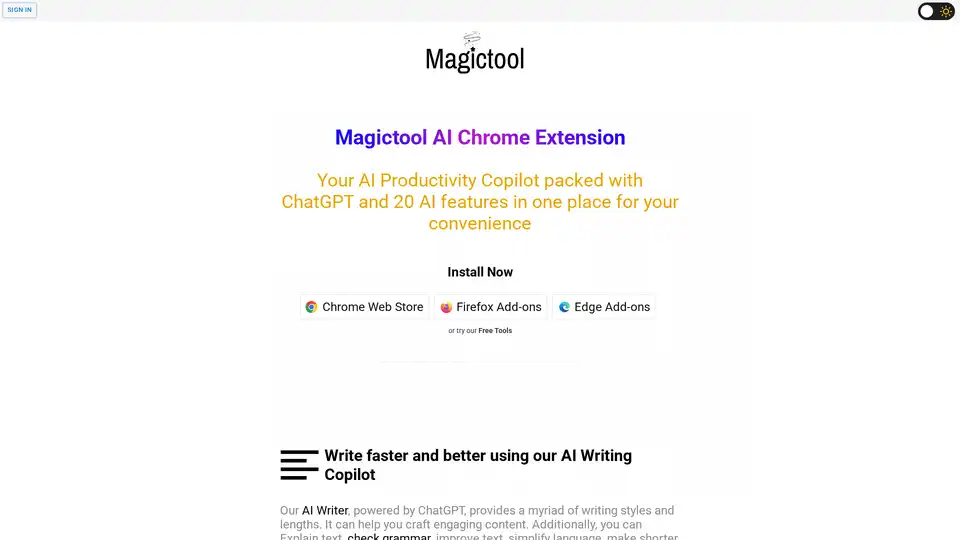 Magictool AI is a Chrome extension that enhances productivity with AI-powered features. It includes an AI writer, YouTube video summarizer, AI image generator, PDF chat, data scraping, and more, all in one place.