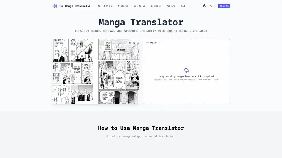Mee Manga Translator es una herramienta IA para traducir manga, manhwa y webtoons. Incluye OCR, conservación de diseño, procesamiento por lotes y sin marcas de agua.