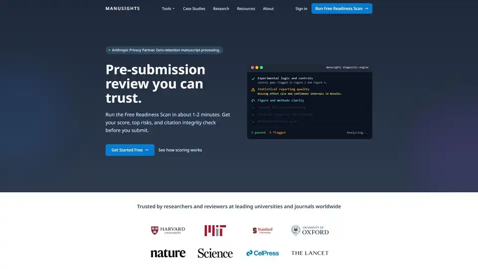 Manusights offers AI-powered and expert pre-submission review for scientific manuscripts, helping researchers identify issues, strengthen methodology, ensure citation integrity, and improve journal fit before submission to top-tier journals.
