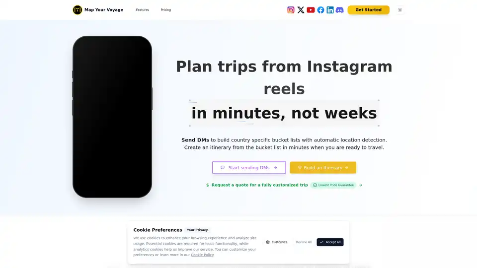 Map Your Voyage é um planejador de viagens com IA que transforma seus Reels do Instagram em itinerários organizados. Basta enviar DM para seu conteúdo de viagem favorito, e a IA detecta automaticamente as localizações com precisão de 99,8%, criando listas de desejos específicas por país. Quando estiver pronto, gera planos detalhados dia a dia. É gratuito para começar, oferecendo uma forma sem esforço de converter inspiração em planos de viagem acionáveis.