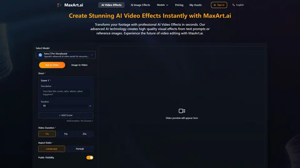 MaxArt.ai는 텍스트 프롬프트나 이미지를 사용하여 전문적인 효과, 시네마틱 스타일 및 애니메이션으로 동영상을 즉시 변환하는 고급 AI 도구입니다. Sora 2 Pro와 같은 모델로 구동되며, 고품질 출력과 사용자 친화적인 인터페이스를 제공하여 누구나 멋진 동영상 제작을 쉽게 할 수 있으며, 무료 체험도 가능합니다.