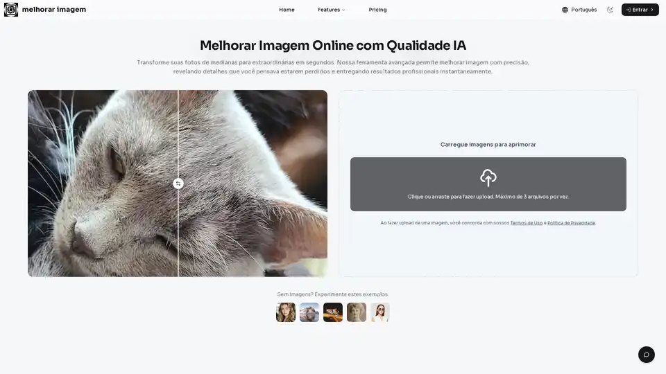Melhorar Imagem is an AI-powered online tool to enhance image quality, increase resolution, reduce noise, and correct colors automatically. Transform blurry photos into clear memories in seconds.