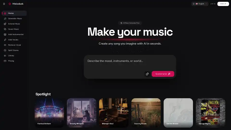 Melodusk é um gerador de música AI gratuito que permite a qualquer pessoa criar música de qualidade profissional e livre de royalties a partir de descrições de texto em segundos. Oferece composição avançada de IA, versatilidad de gêneros e ferramentas de estúdio integradas, como separação vocal, tornando a produção musical acessível e eficiente para criadores de conteúdo, profissionais de marketing, desenvolvedores de jogos e muito mais.