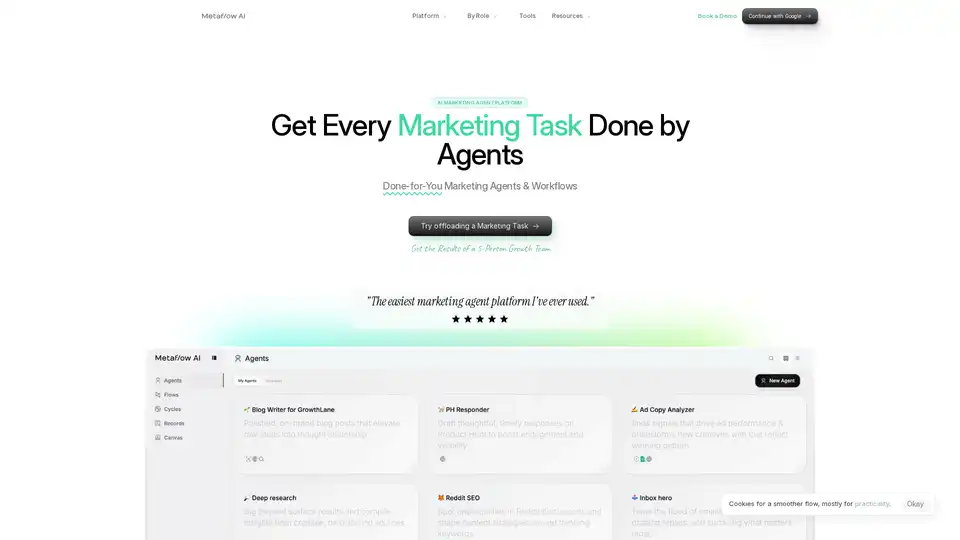 Metaflow AI é um espaço de trabalho visual para construir agentes de IA autônomos e fluxos de trabalho para o crescimento de marketing. Unifica ferramentas, automatiza tarefas de SEO e conteúdo e oferece economias de custos significativas.