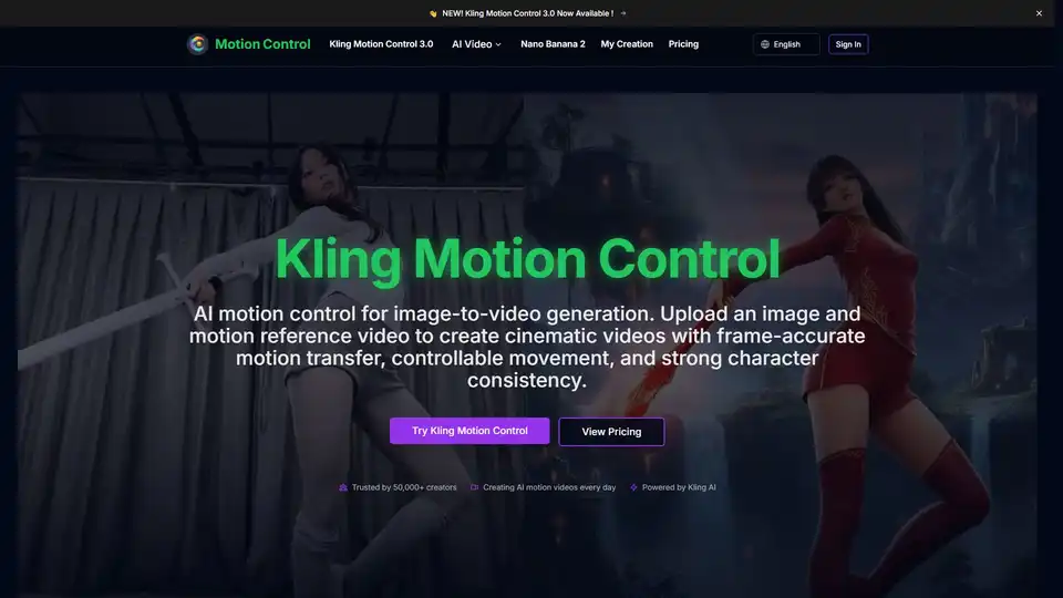 Kling Motion Control é uma ferramenta AI avançada que transforma imagens estáticas em vídeos dinâmicos usando movimento de referência. Ofrece controle preciso sobre movimento, consistência de personagem e ângulos de câmera para criadores.