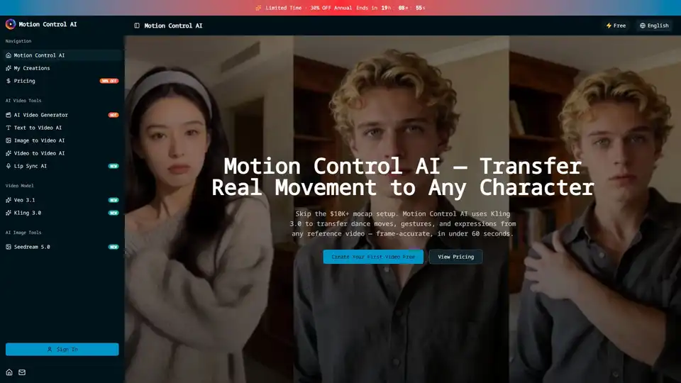 Motion Control AI est un outil innovant propulsé par Kling 3.0 qui anime des personnages à partir de n'importe quelle vidéo. Il transfère les mouvements corporels complets, les gestes et les expressions faciales avec une précision d'image, éliminant le besoin d'équipements de capture de mouvement coûteux. Idéal pour les créateurs, les marketeurs et les cinéastes, il génère des vidéos animées de haute qualité rapidement et à moindre coût, offrant des fonctionnalités telles que le transfert de mouvement, le contrôle gestuel, la synchronisation des expressions et le réalisme cinématographique.