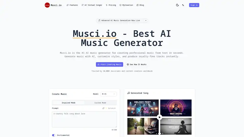 Musci.io is the #1 AI music generator that creates professional, royalty-free music from text in seconds. Customize styles and produce high-quality tracks instantly. Trusted by 10,000+ musicians and content creators worldwide.