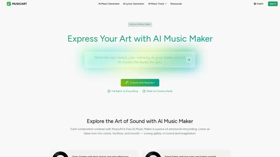 MusicArt AI es un creador de música IA basado en web gratuito que transforma texto, letras e imágenes en canciones originales y libres de regalías. Ofrece herramientas como eliminación de voces IA, división de pistas y generación de voz cantante, accesible para creadores sin experiencia musical.