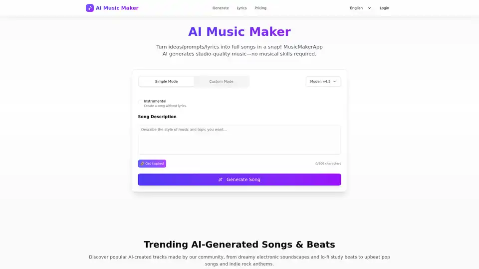 MusicMakerAppは、テキストのプロンプトや歌詞をメロディとボーカルを含む完全なオリジナルの曲に変換するAI駆動のツールです。ユーザーは音楽のスキルがなくても、数秒でオンラインでスタジオ品質の音楽を作成できます。