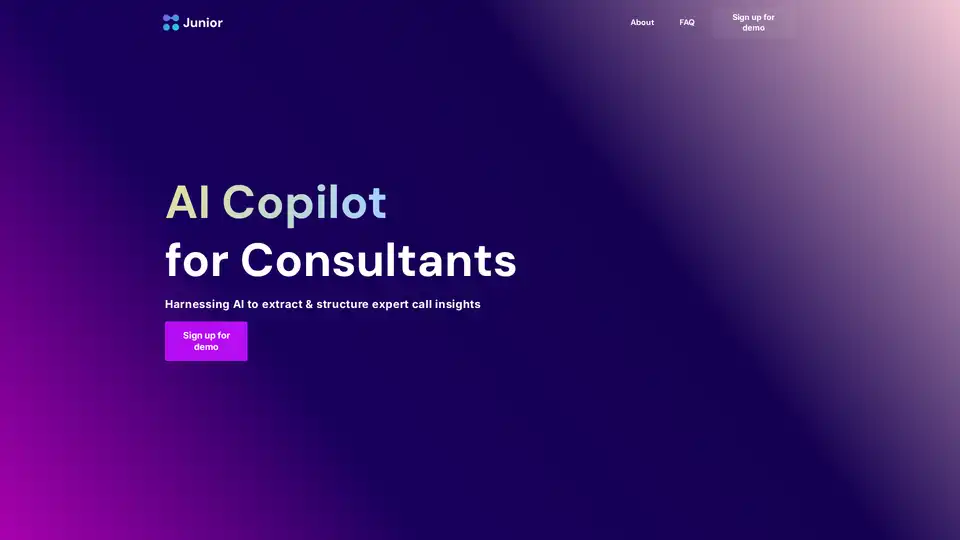 Junior es una herramienta impulsada por IA diseñada para consultores, capital privado y fondos de cobertura para extraer y estructurar información de llamadas de expertos. Proporciona transcripciones listas para el cliente, conclusiones clave y hojas cuantitativas automatizadas.