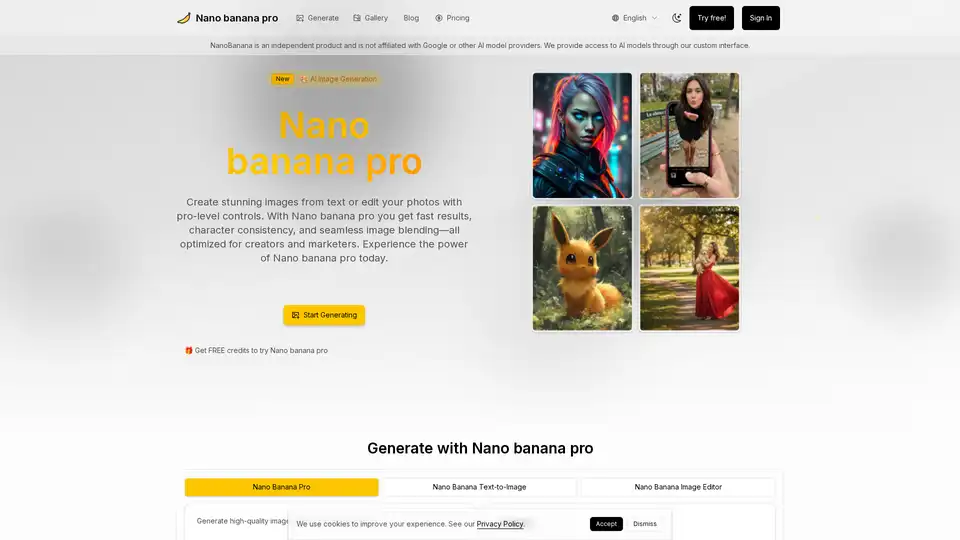 Nano banana pro は、テキストを素晴らしいビジュアルに変換し、キャラクターの一貫性を保ちながらプロレベルの写真編集を可能にする高度なAI画像生成・編集ツールです。高速生成、HD出力、クリエイター向けの商用権利を提供します.