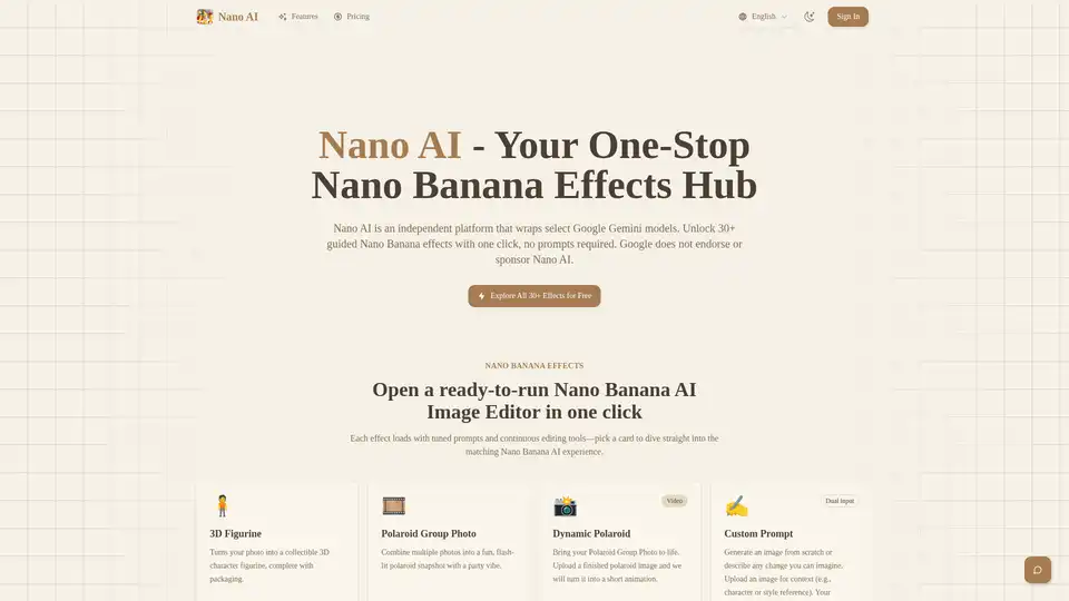 Nano AI is an all-in-one AI image editor offering 30+ Nano Banana effects. Edit photos with one click, no prompts needed. Includes 3D figurines, style transfers, and more. Try it free!