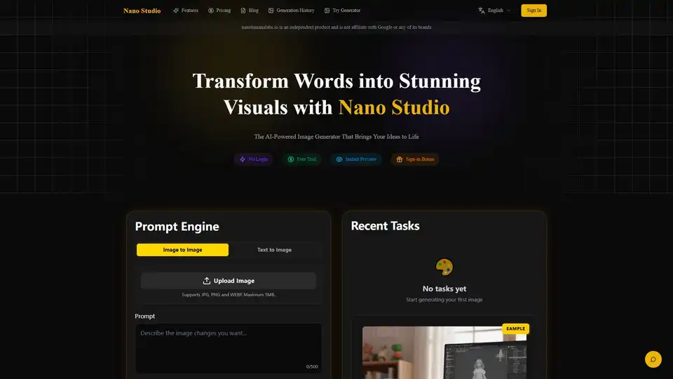 Nano Studio 는 AI 기반 이미지 생성 플랫폼입니다. 텍스트 투 이미지，이미지 투 이미지 편집 및 스타일 커스터마이징을 제공하며 상업적 사용이 가능합니다.
