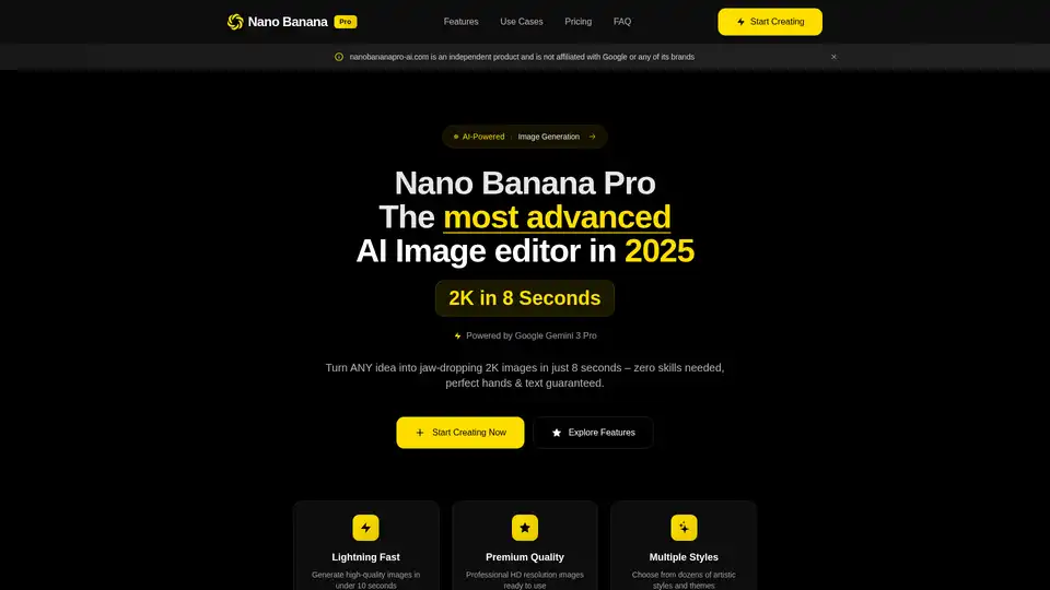 Nano Banana Pro AI는 Google Gemini 3 Pro로 구동되는 고속 이미지 생성기로, 10초 미만에 2K 사진과 같은 사실적인 이미지를 생성합니다. 완벽한 문자 일관성, 완벽한 텍스트 렌더링, 전체 대화형 편집 기능을 갖추고 있어 크리에이터에게 적합합니다.