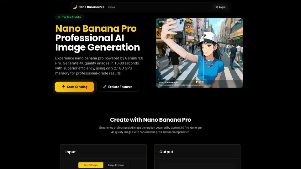 Nano Banana Pro is an AI image generation platform powered by Gemini 3.0 Pro, delivering 4K quality images in 10-30 seconds with superior efficiency and advanced features like style transfer and SynthID watermarking.