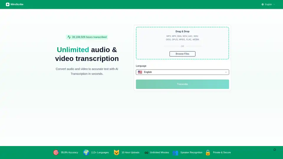 NitroScribe는 Whisper 기반 AI 녹취 도구로 오디오와 비디오를 몇 초 만에 텍스트로 변환합니다. 98개 이상의 언어를 지원하며, 화자 인식 및 DOCX, PDF, SRT, VTT 내보내기를 지원합니다.