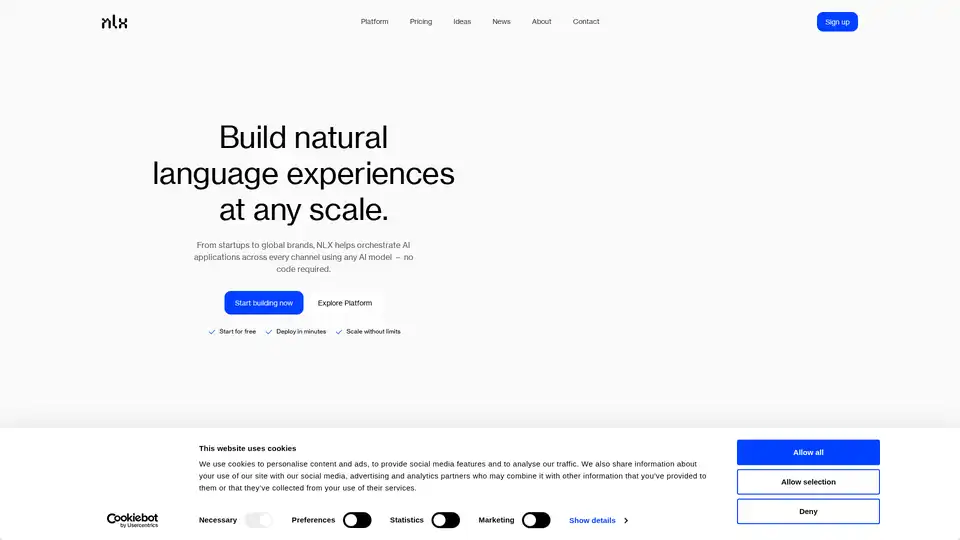 NLX is a no-code platform for building conversational AI applications, supporting multiple channels, languages, and AI models.