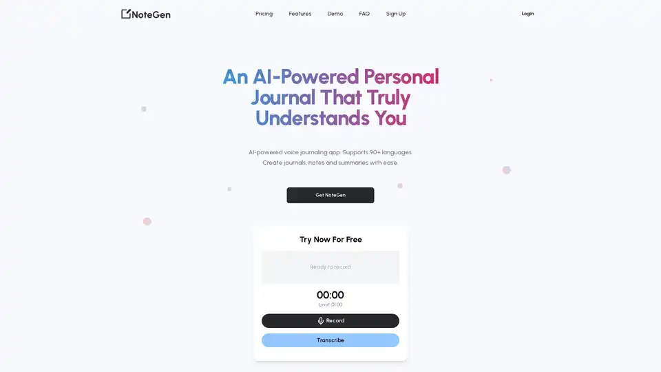 NoteGen is an AI-powered voice journaling app that supports 90+ languages. Record audio or upload files to effortlessly create notes, summaries, journal entries, content scripts and more. Save time and boost productivity!