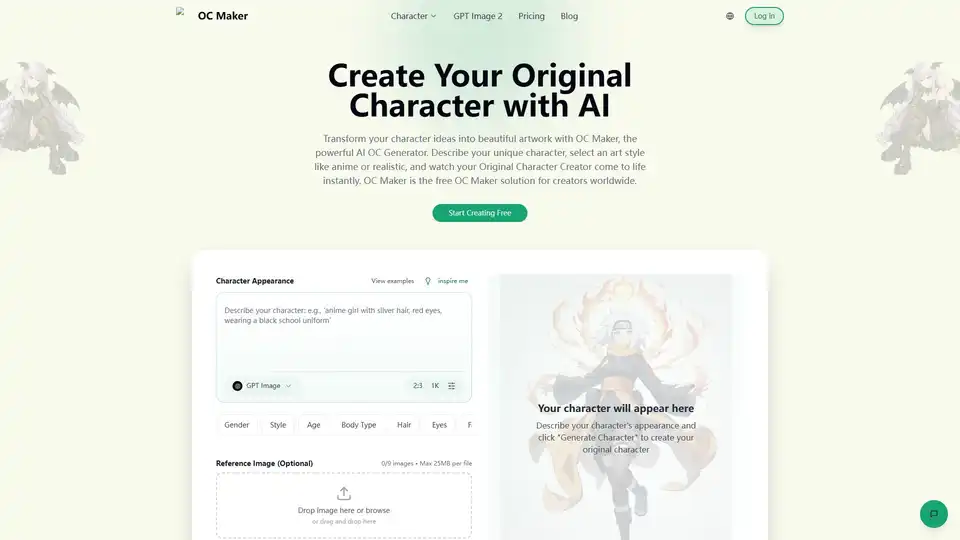 OC Maker is a powerful AI tool for creating original characters. Describe your character, choose an art style like anime or realistic, and generate stunning designs instantly. It's a free, secure platform for writers, game developers, artists, and hobbyists.
