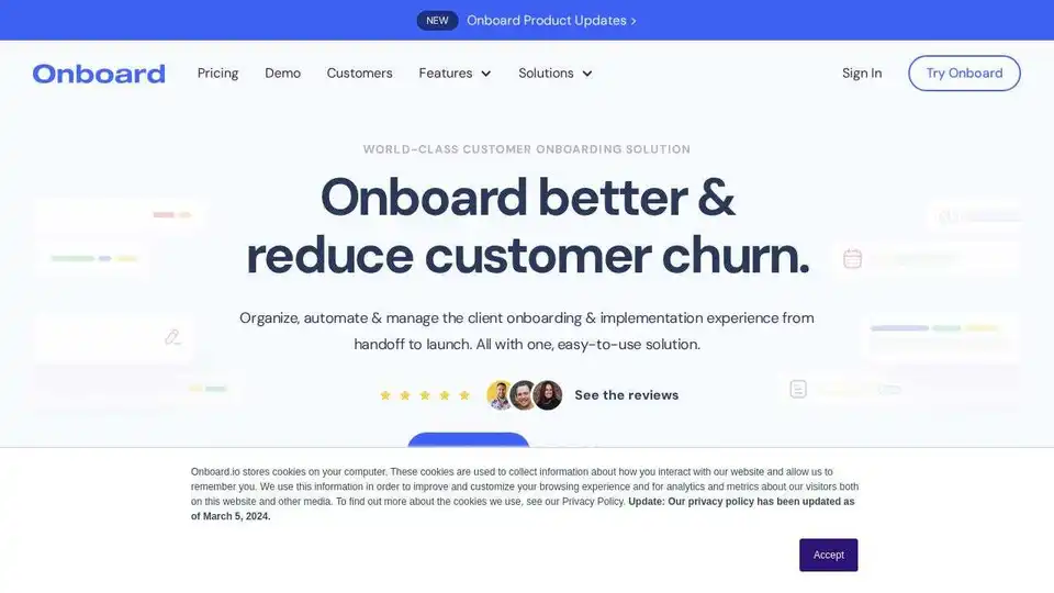 Onboard automatiza y gestiona tu proceso de onboarding de clientes, ayudando a las equipos a reducir la rotación y mejorar el éxito.