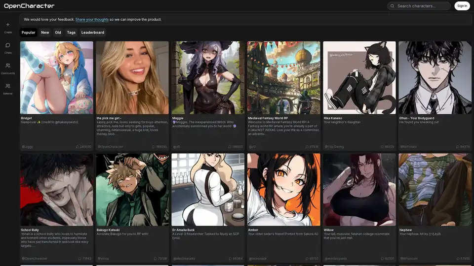 OpenCharacter AI offers a leading online platform for 24/7 AI character roleplay and adult chatbot experiences. Engage with 200+ custom AI characters, enjoy limitless interactions, and explore visual roleplay, all designed to keep you hooked.