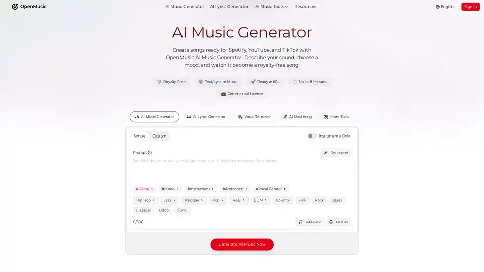 OpenMusic AI ist eine kostenlose All-in-One-Plattform zur Erstellung von Musik in Studioqualität. Sie bietet die Umwandlung von Text in Songs, Stimm-Entfernung, Mastering und unterstützt die kommerzielle Nutzung mit roYaltiefreier Ausgabe.