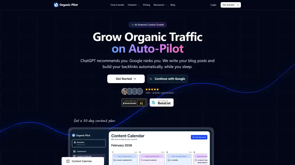 Organicpilot 은 콘텐츠 전략 및 게시를 자동화하는 AI 플랫폼입니다. 키워드를 계획하고, SEO 기사를 생성하며, WordPress 등에 직접 게시하여 트래픽을 증가시킵니다.