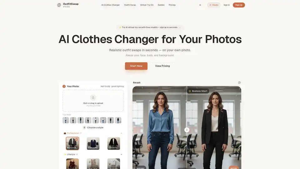 O OutfitSwap Studio é uma ferramenta de prova virtual impulsionada por IA que permite aos usuários trocar roupas instantaneamente em suas fotos. Ao enviar um retrato, os usuários podem selecionar entre estilos predefinidos (profissional, casual, casamento) e gerar trocas de roupas realistas com IA, preservando seu rosto, corpo e fundo originais. Oferece créditos gratuitos, proteção de privacidade e é ideal para testar ideias de guarda-roupa, criar fotos de perfil profissionais ou planejar visual.