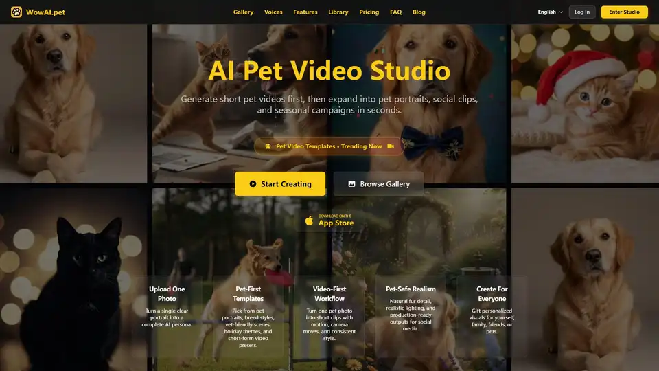 WowAI.petは、AIを活用したプラットフォームで、1枚のペット写真を短い動画、多様なポートレートパック、ソーシャルメディア対応のビジュアルに変換します。ペット優先のテンプレート、リアルなレンダリング、ビデオファーストのワークフローを提供し、ペットオーナー、クリエイター、ビジネスが魅力的で効率的なペットコンテンツを迅速に生成するのに最適です。