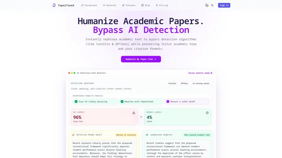 PaperTuned는 AI 생성 텍스트를 인간화하여 Turnitin 및 GPTZero 같은 AI 탐지 도구를 우회하도록 돕는 AI 기반 학술 작문 도우미입니다. 학술적 어조, 의미, 인용을 유지합니다.