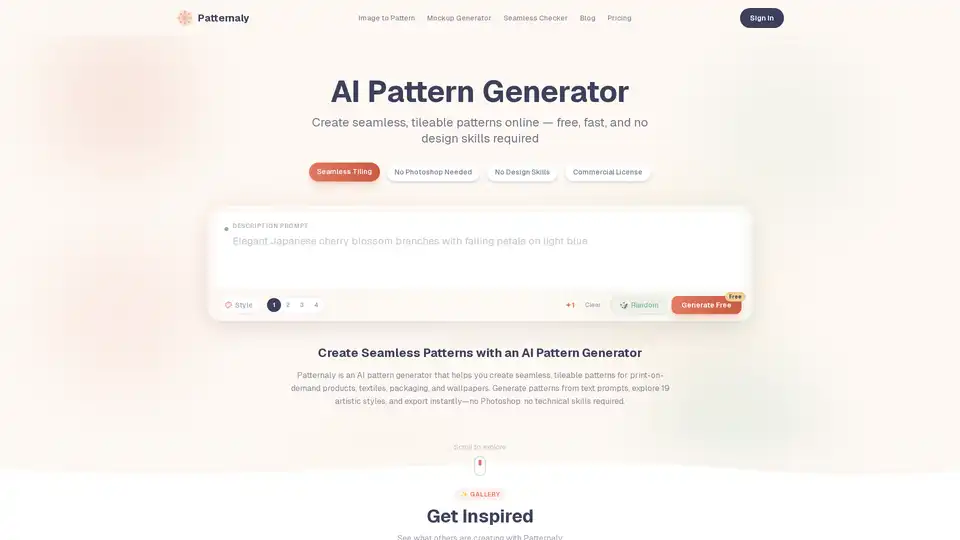 Patternaly is an AI-driven tool for generating seamless, tileable patterns from text prompts. It offers 19 artistic styles, mockup previews, and high-resolution exports, targeting print-on-demand sellers and designers requiring no technical skills.