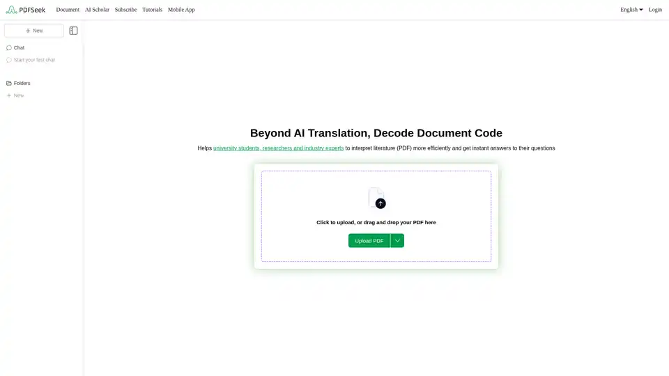 PDFSeek is an AI-powered tool that acts as your personal PDF assistant. It allows you to translate, summarize, and chat with PDF documents, providing instant answers with cited sources. Designed for students, researchers, and professionals to efficiently interpret and interact with literature and reports.
