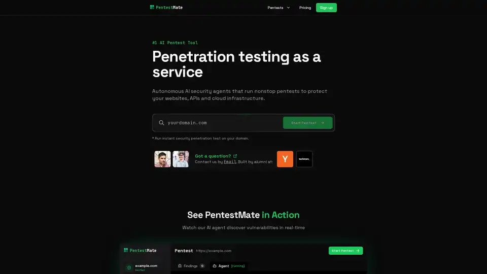PentestMate es una plataforma de pruebas de infiltración impulsada por IA que utiliza agentes autónomos para escanear e identificar continuamente vulnerabilidades en sitios web, API e infraestructura en la nube, ofreciendo pruebas de seguridad escalables con una opción de prueba de $1.