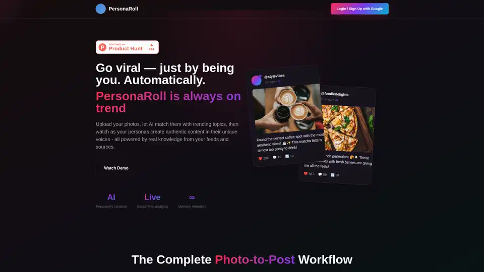 PersonaRoll te ayuda a crear contenido viral para redes sociales al combinar tus fotos con temas de tendencia y utilizar personajes de IA para generar contenido auténtico con sus voces únicas. Está inspirado en Xiaohongshu.