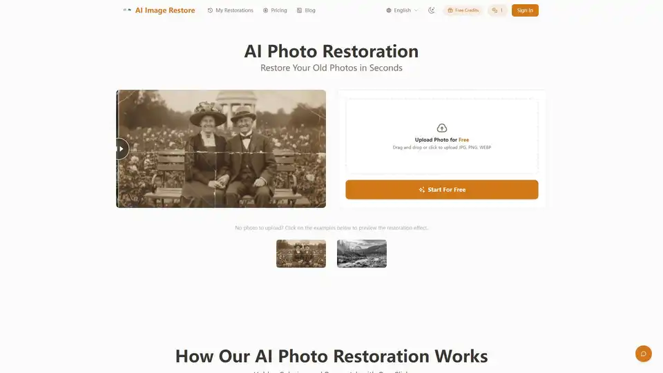 PhotoRestore.ai is an advanced AI tool designed for restoring old, damaged photos. It automatically unblurs, colorizes, and repairs scratches, tears, and fading in seconds. Ideal for reviving cherished memories with lifelike accuracy.