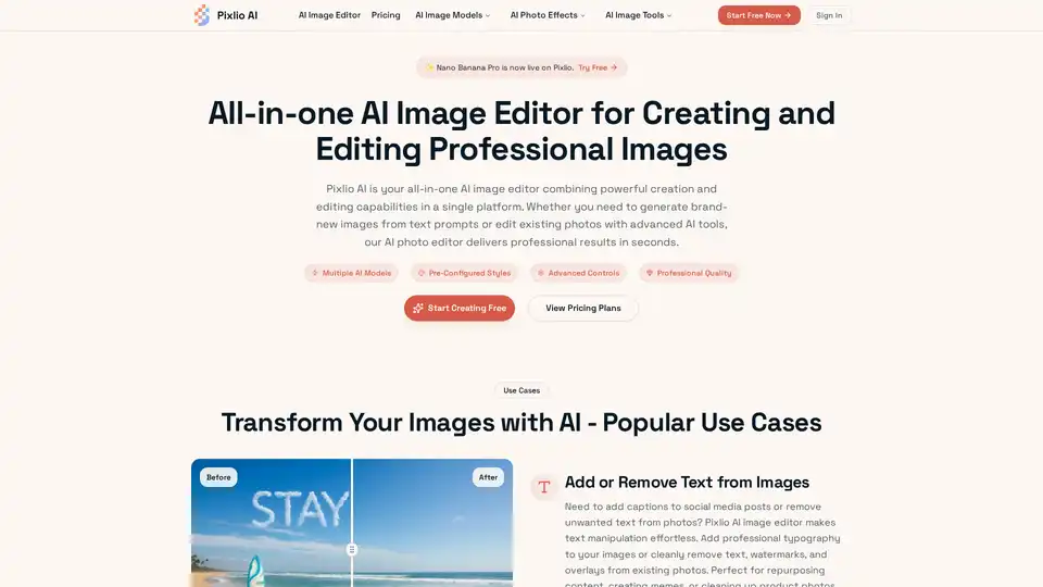 Pixlio AI is an all-in-one AI image editor for creating and editing professional visuals. Powered by advanced models like Nano Banana Pro and Seedream 4.5, it allows users to generate images from text prompts, remove/change backgrounds, add/remove text, and enhance product photos. Suitable for marketers, e-commerce sellers, and content creators, it offers commercial usage rights and flexible pricing plans starting from free credits.