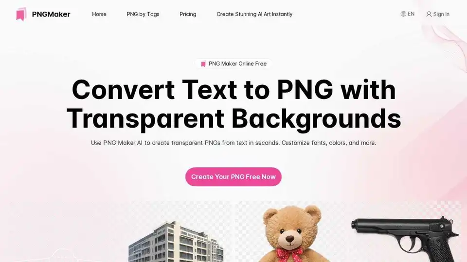 Crea imágenes PNG de alta calidad con fondos transparentes usando PNG Maker. Transforma fácilmente texto a PNG con opciones personalizables. Ideal para diseñadores web y creadores de contenido.