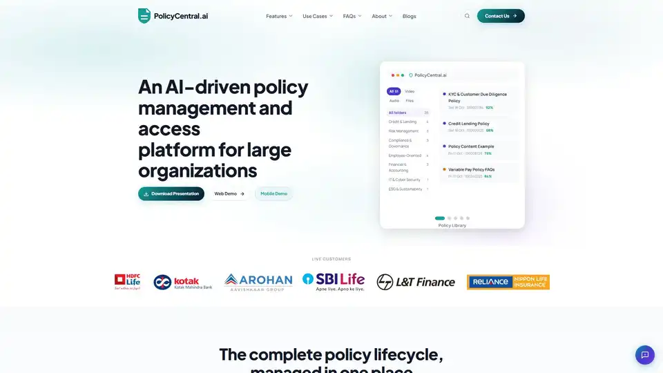 PolicyCentral.ai is an AI-powered platform for enterprise policy management. It features GenAI summaries, chatbots, multi-language translation, and compliance tracking.
