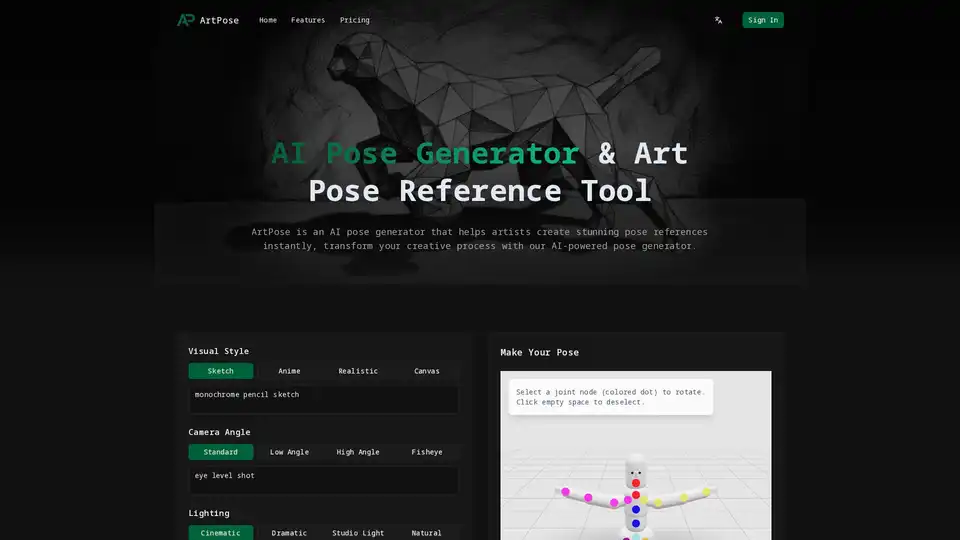 ArtPose is an AI pose generator helping artists and designers instantly create custom, dynamic character poses and art references. With diverse styles, angles, and body types via an intuitive 3D editor, it streamlines creative workflows and inspires new artwork.