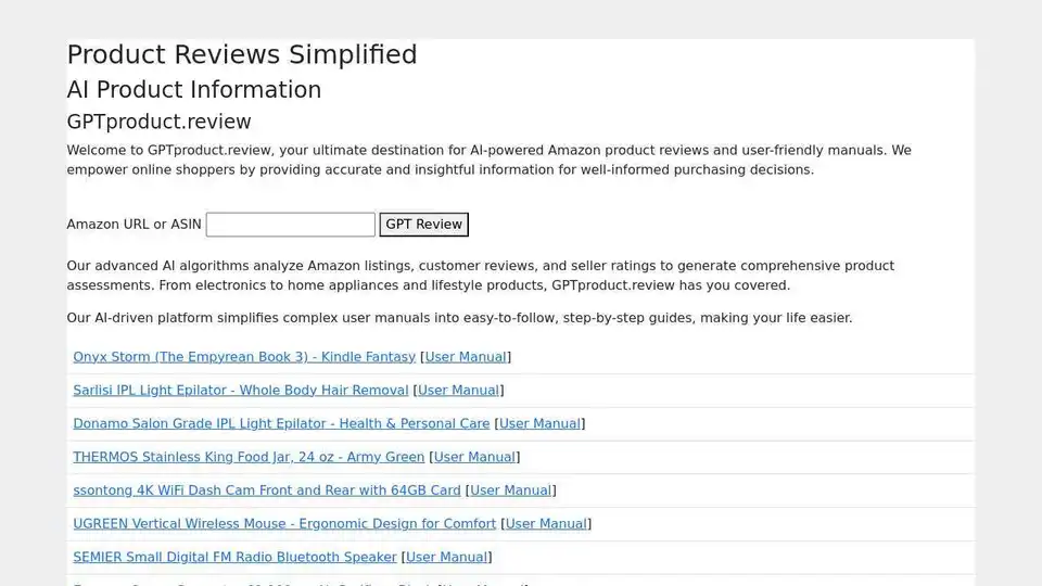 AI-powered platform providing product reviews, FAQs, and user manuals for informed purchasing decisions.