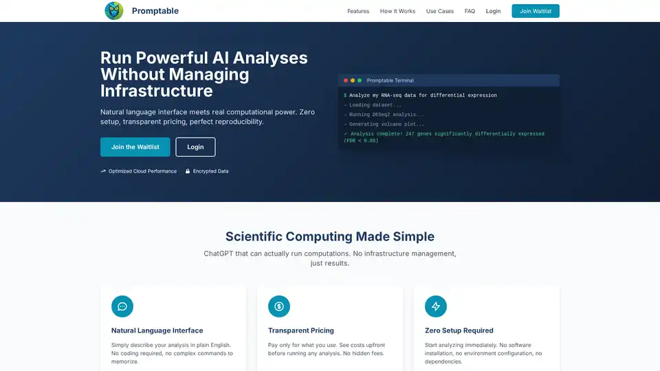 Promptable is an AI-powered scientific computing platform that simplifies complex data analysis with natural language interface, zero setup, and transparent pricing.
