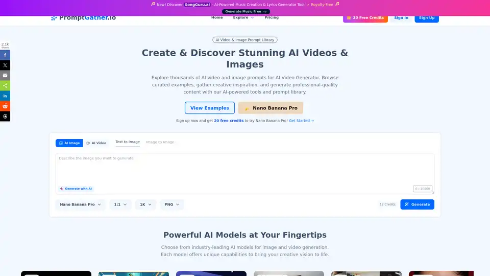 PromptGather.io는 고품질의 로열티 프리 비디오와 이미지를 생성하는 올인원 AI 플랫폼입니다. Google Veo, OpenAI Sora와 같은 선도적인 AI 모델에 대한 접근과 창의적인 영감 및 즉각적인 콘텐츠 제작을 위한 방대한 프롬프트 라이브러리를 제공합니다.