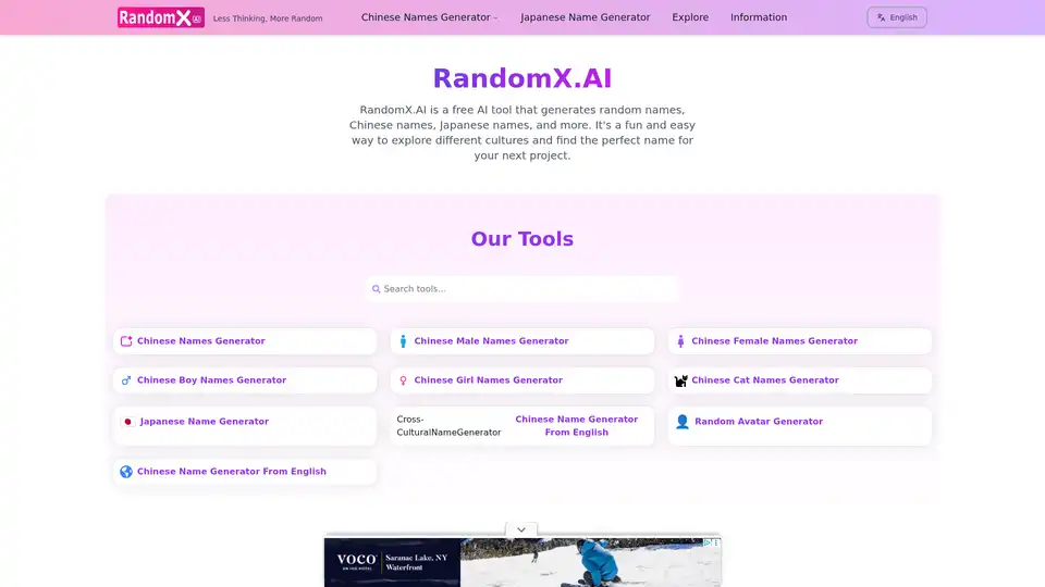 RandomX.AI es un generador de nombres impulsado por IA gratuito, especializado en nombres aleatorios, chinos (masculinos/femeninos/niños/niñas/gatos), japoneses y multiculturales desde inglés.