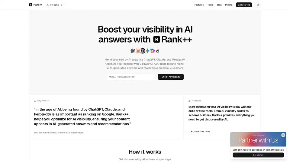 Rank++ est un outil d'Optimisation des Moteurs d'IA (AEO) conçu pour aider les entreprises à être découvertes par les assistants IA comme ChatGPT, Claude et Perplexity. Il offre une suite de 9 outils puissants pour les audits de sites web, le balisage de schémas, l'optimisation de contenu et plus.