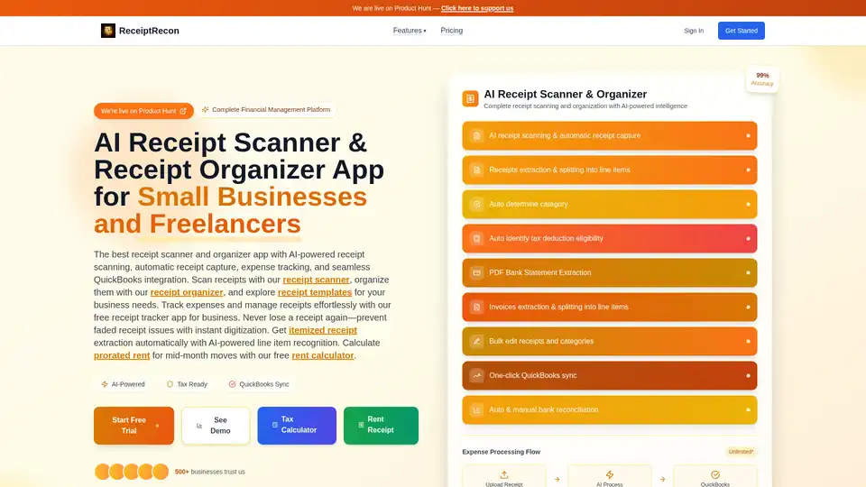 ReceiptRecon is an AI-powered receipt scanner and organizer app for small businesses and freelancers. It automates receipt capture, expense tracking, and integrates with QuickBooks, helping users manage finances efficiently and prepare for taxes.