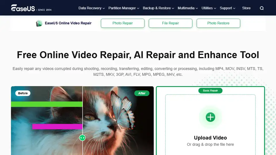 EaseUS Réparation vidéo en ligne est un outil gratuit qui peut réparer et restaurer des fichiers vidéo endommagés, corrompus, brisés et impossibles à lire, y compris MOV, MP4, M4V, M2TS, MKV, MTS, 3GP, AVI et FLV.