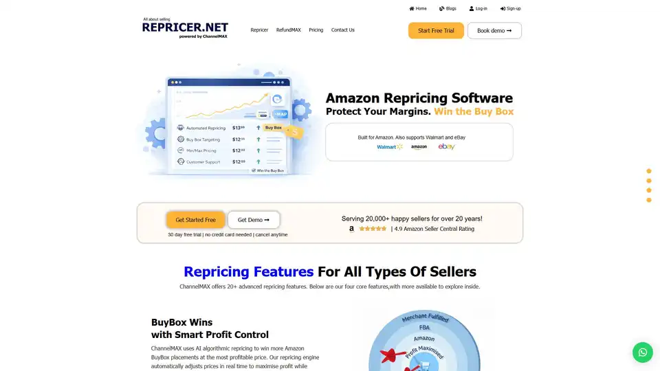 ChannelMAXは、Amazon、Walmart、eBayの販売者向けのAI搭載プラットフォームです。リアルタイムの価格改定を自動化してBuy Boxを獲得し、利益を保護し、FBA返金を管理し、マルチチャネルの在庫管理を提供することで、売上と収益性を向上させます。